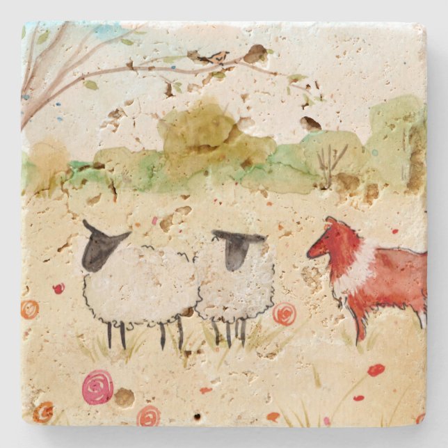 Schafe auf der Wiese Steinuntersetzer (Vorderseite)