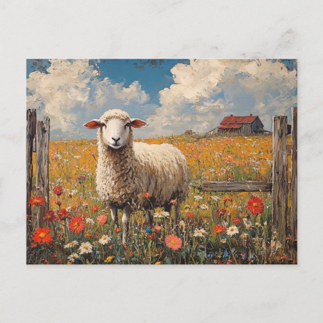 Schafe in einer rustikalen Wildblume Postkarte (Vorderseite)