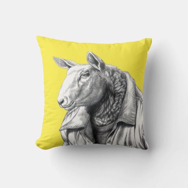 Schafe in Jeans Jacket (Retro Yellow) Kissen (Vorderseite)