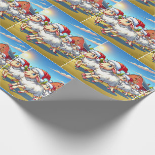 Schafe mit Weihnachtsmannmützen, die von Weihnacht Geschenkpapier