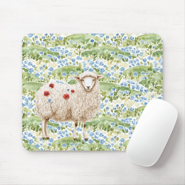 Schafe Rote Klatschmohn Blaue Blumen Wiese Mousepad (Mit Mouse)