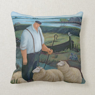 Schäfer mit Schafen in der Fluss-Landschaft Kissen