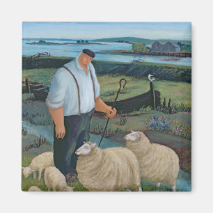 Schäfer mit Schafen in der Fluss-Landschaft Magnet