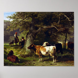 Schäfer-und Kuh-Herde in dem Teich Poster