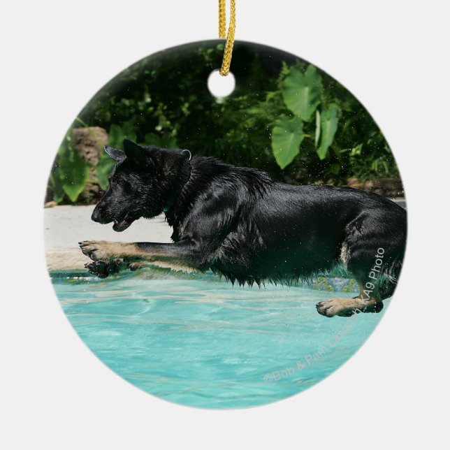 Schäferhund, der in Wasser springt Keramikornament (Vorne)