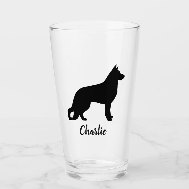 Schäferhund-HundeSilhouette GSD personalisiert Glas (Vorderseite)