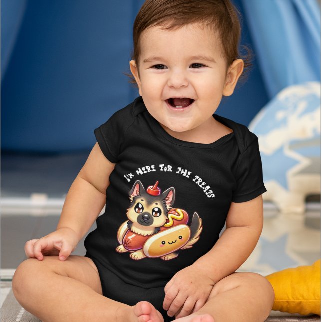 Schäferhund in einem Hot Dog Kostüm, sonniges Hall Baby Strampler (Von Creator hochgeladen)