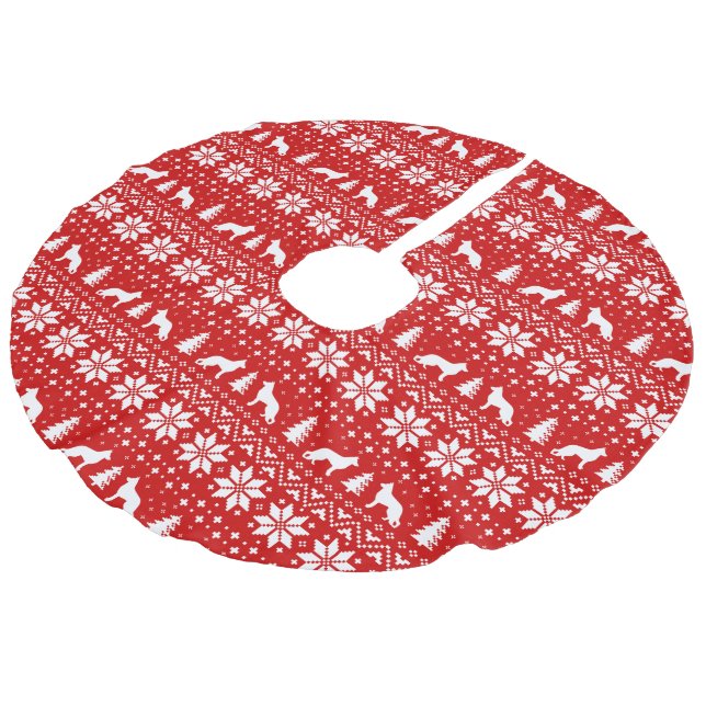 Schäferhund-Silhouette-Muster-Rot Leinenimitat Weihnachtsbaumdecke (Schrägansicht)