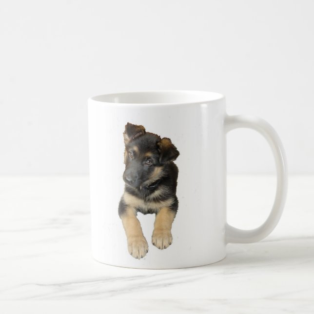 Schäferhundwelpe und -Sprichwort auf einer Tasse (Rechts)