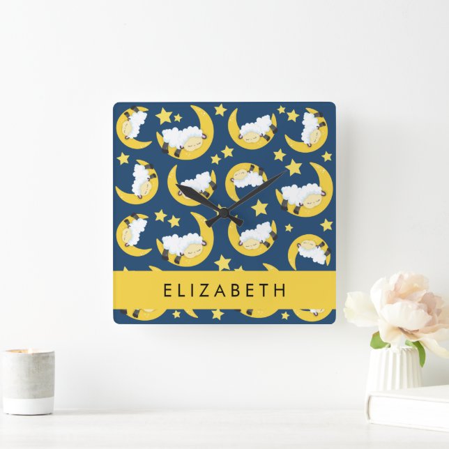 Schafmuster, schlafende Schafe, Mond, Ihr Name Quadratische Wanduhr (Zuhause)