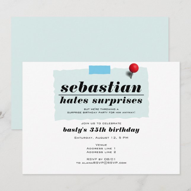 Schah! Funny hasst Überraschungen Moderne Geburtst Einladung (Vorne/Hinten)