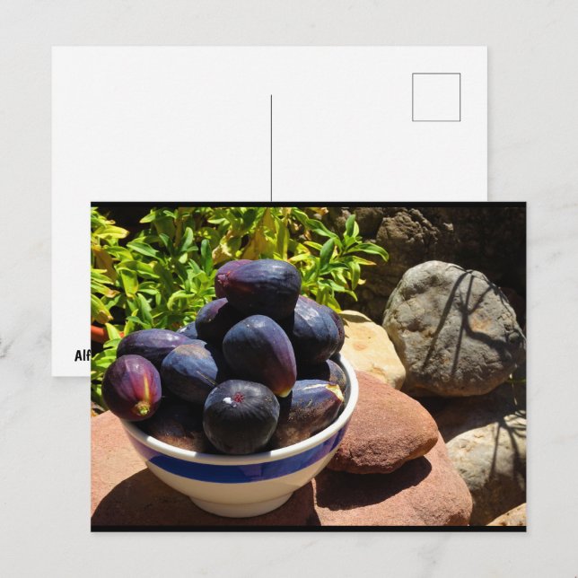 Schale mit Feigenfrüchten auf Stein Postkarte (Vorne/Hinten)