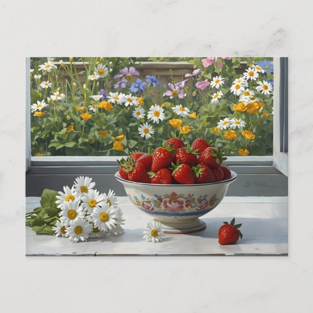 Schale mit frischen Erdbeeren und Gänseblümchen  Postkarte (Vorderseite)