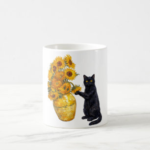 Schalkhafte schwarze Katze Sonnenblumen Kunst – Va Kaffeetasse