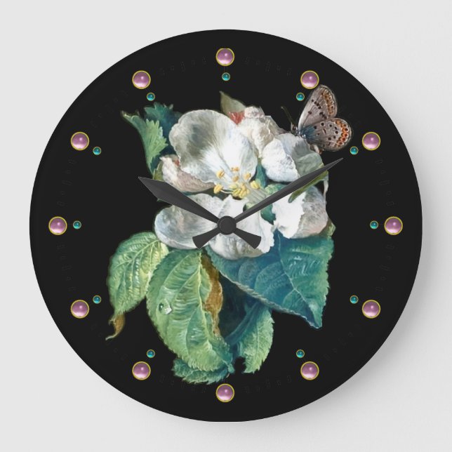 SCHALTFLÄCHE AUF DER WEISSEN BLUME BLACK FLORAL GROßE WANDUHR (Vorderseite)