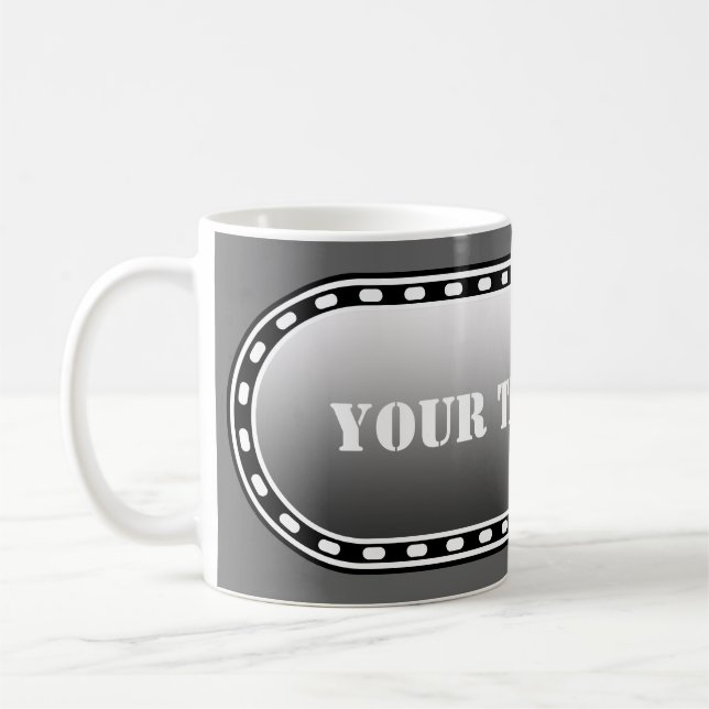 SCHALTFLÄCHE BANNER Schwarz Graustufen + Ihr Text Tasse (Links)