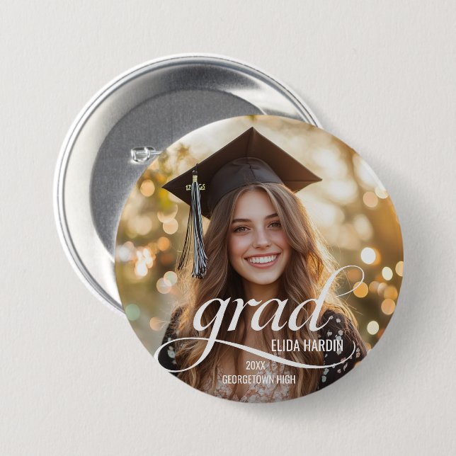 Schaltfläche für elegantes White Script Grad-Foto Button (Vorne & Hinten)