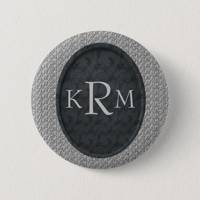 Schaltfläche für Monogram-Initials Schwarzes Flora Button (Vorderseite)