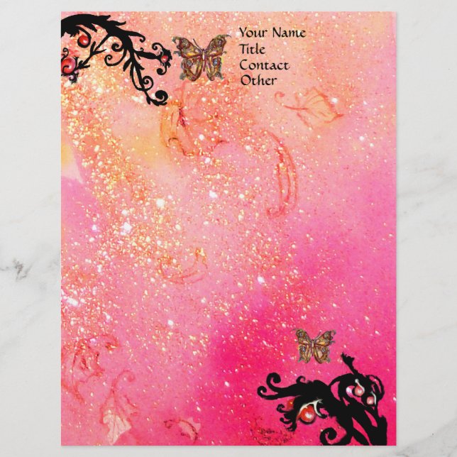 SCHALTFLÄCHE IN GLITZERN, Rosa Schwarze Wirbel Briefbogen (Vorderseite)