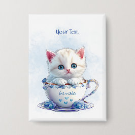 Schaltfläche "Kitten in Cup Blue Flowers" Button