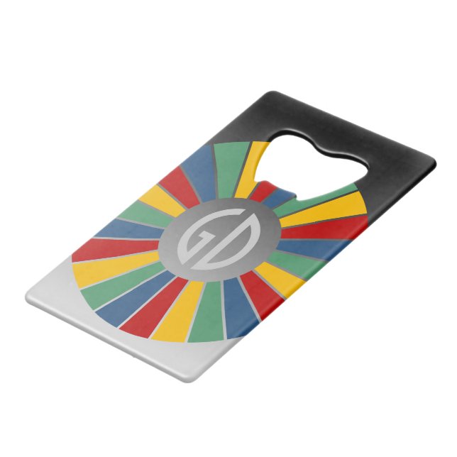 SCHALTFLÄCHE RUNDE RAYS I + Ihr Monogramm Geldbeutel Flaschenöffner (Vorderseite Schrägansicht)