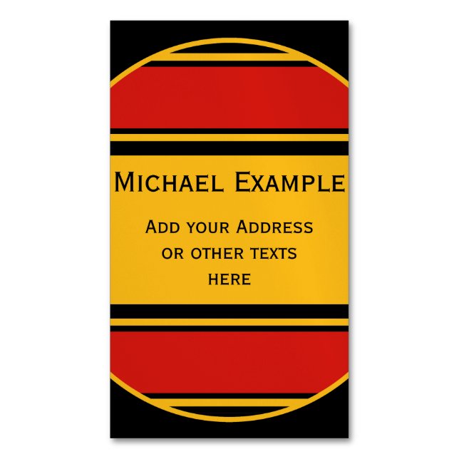 SCHALTFLÄCHE RUNDE Streifen schwarz, rot gelb + Te Magnetische Visitenkarte (Vorderseite Vertikal)