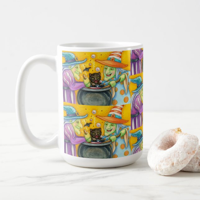 SCHALTFLÄCHE, SCHWARZE KATZE- UND HALLOWEEN BREW KAFFEETASSE (Mit Donut)