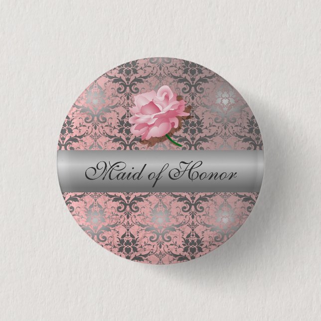 Schaltfläche Trauzeugin Rosa Grunge Damask Button (Vorderseite)