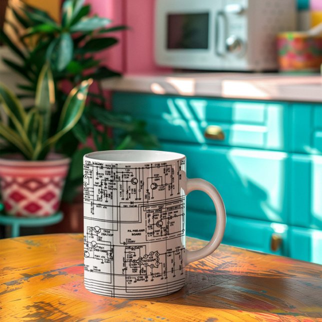 Schaltplandiagrammsymbole Elektronischer Schaltkre Kaffeetasse (Schematic Diagram Symbols Electronic Circuit coffee mug placed over a wooden surface in a kitchen)