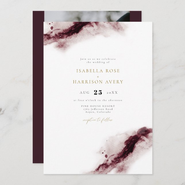 SCHARLACHROT | Boho Burgundy Gold Watercolor Weddi Einladung (Vorne/Hinten)