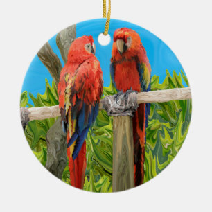 Scharlachrot Macaw-Papageien-Hocken Keramikornament