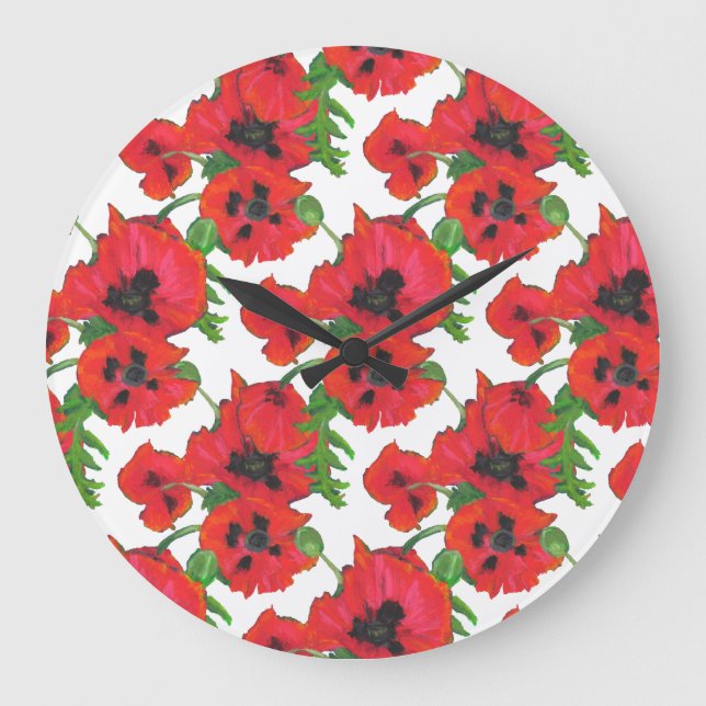 Scharlachrot orientalische Mohnblumen-Muster-auf Große Wanduhr (Vorderseite)