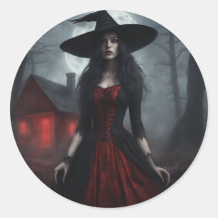 Scharlachrot und schwarze launische Hexe Halloween Runder Aufkleber