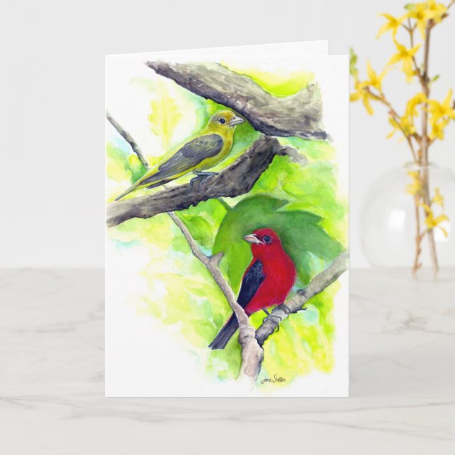 Scharlachrote Tanager Vögel Aquarellmalerei Karte (Gelbe Blume)