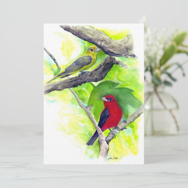 Scharlachrote Tanager Vögel Aquarellmalerkarte Mitteilungskarte (Stehend Vorderseite)