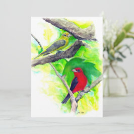 Scharlachrote Tanager Vögel Aquarellmalerkarte Mitteilungskarte