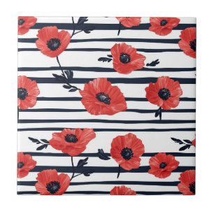 Scharlachroter Mohn Navy Streifen Moderne Botanik Fliese