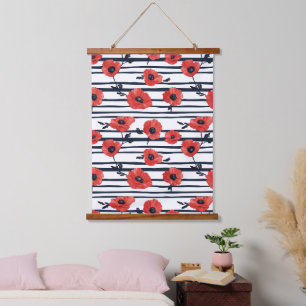 Scharlachroter Mohn Navy Streifen Moderne Botanik Wandteppich Mit Holzrahmen