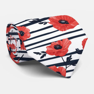 Scharlachroter Mohn Navy-Streifen Modernes Botanic Krawatte