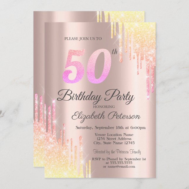 Schatten Glitter Drips Rose Gold 50th Birthday Einladung (Vorne/Hinten)