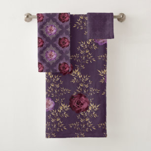 SCHATTEN LILA FLORALER ROSE UND GOLD-BLÄTTER BADHANDTUCH SET