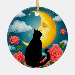 Schattenriss einer Katze vor dem Mond Keramik Ornament