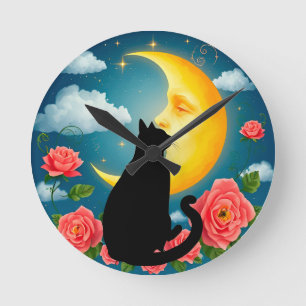 Schattenriss einer Katze vor dem Mond Runde Wanduhr