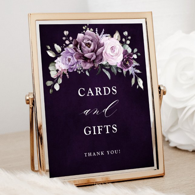 Schattierungen Lila Bloomkarten und -geschenke Zei Poster (Shades of dusty purple bloom cards and gifts wedding sign)