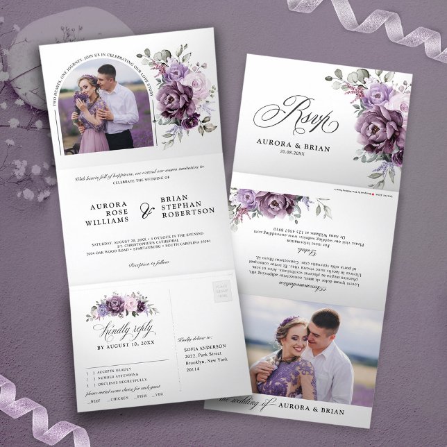 Schattierungen Lila blutiger blutiger Hochzeiten Dreifach Gefaltete Ankündigung (Shades of dusty purple tri fold modern photo wedding invitation)