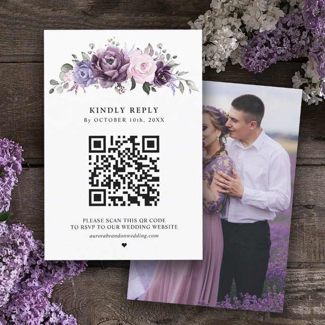 Schattierungen Lila blutiger blutiger Hochzeiten RSVP Karte (Dusty purple lavender QR code RSVP card)