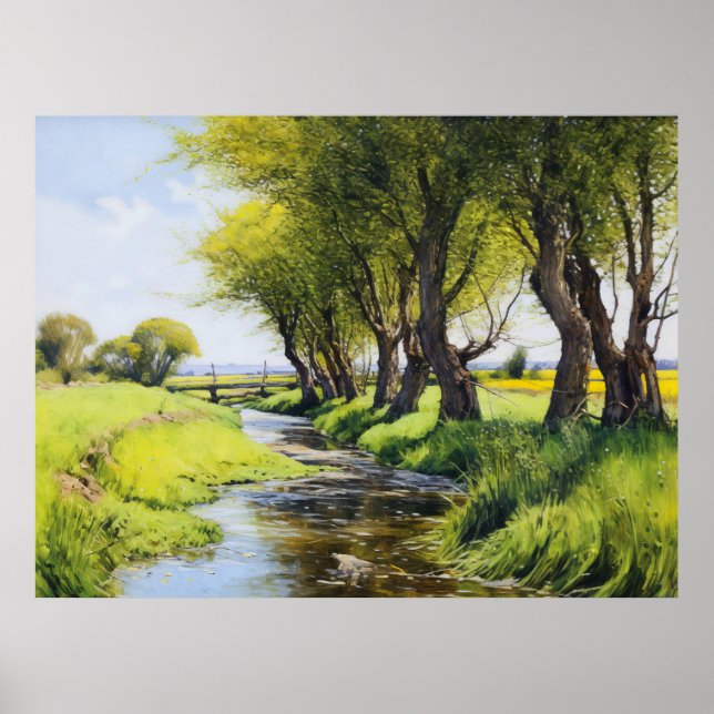 Schattige Bäume durch einen Wasserstrahl Poster (Vorne)