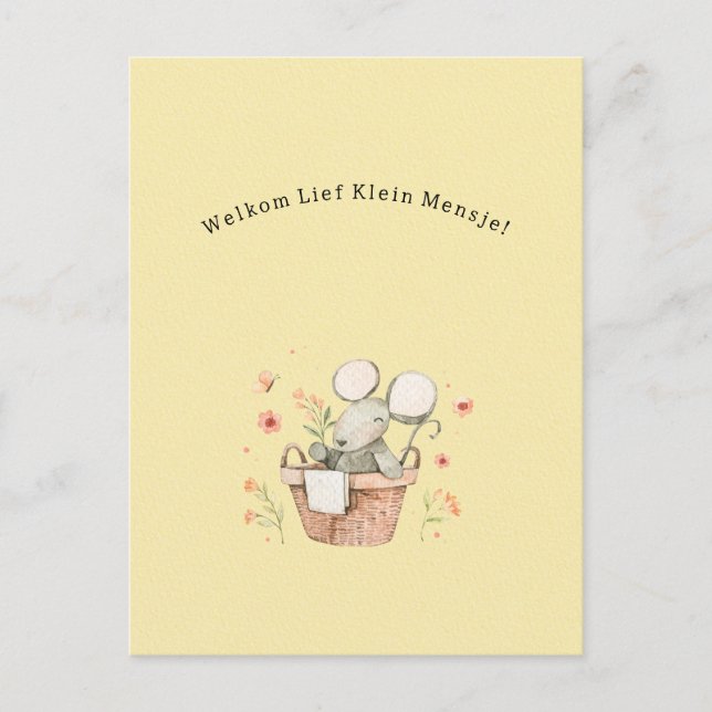 Schattige Muis Met Bloemen Welkom Nieuwe Baby  Postkarte (Vorderseite)