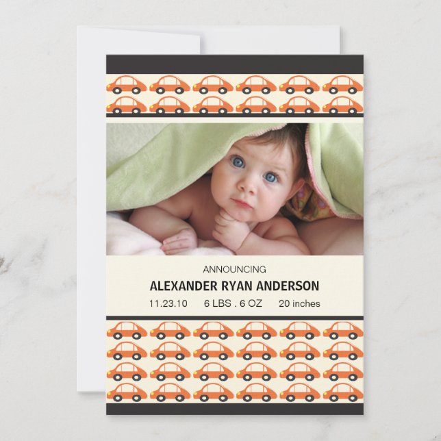 Schatz! Orange Cars Baby Boy Birth Annoucement Ankündigung (Vorderseite)