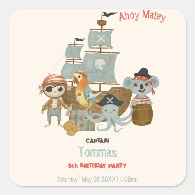 Schatzsucher Pirate Birthday Quadratischer Aufkleber (Vorderseite)